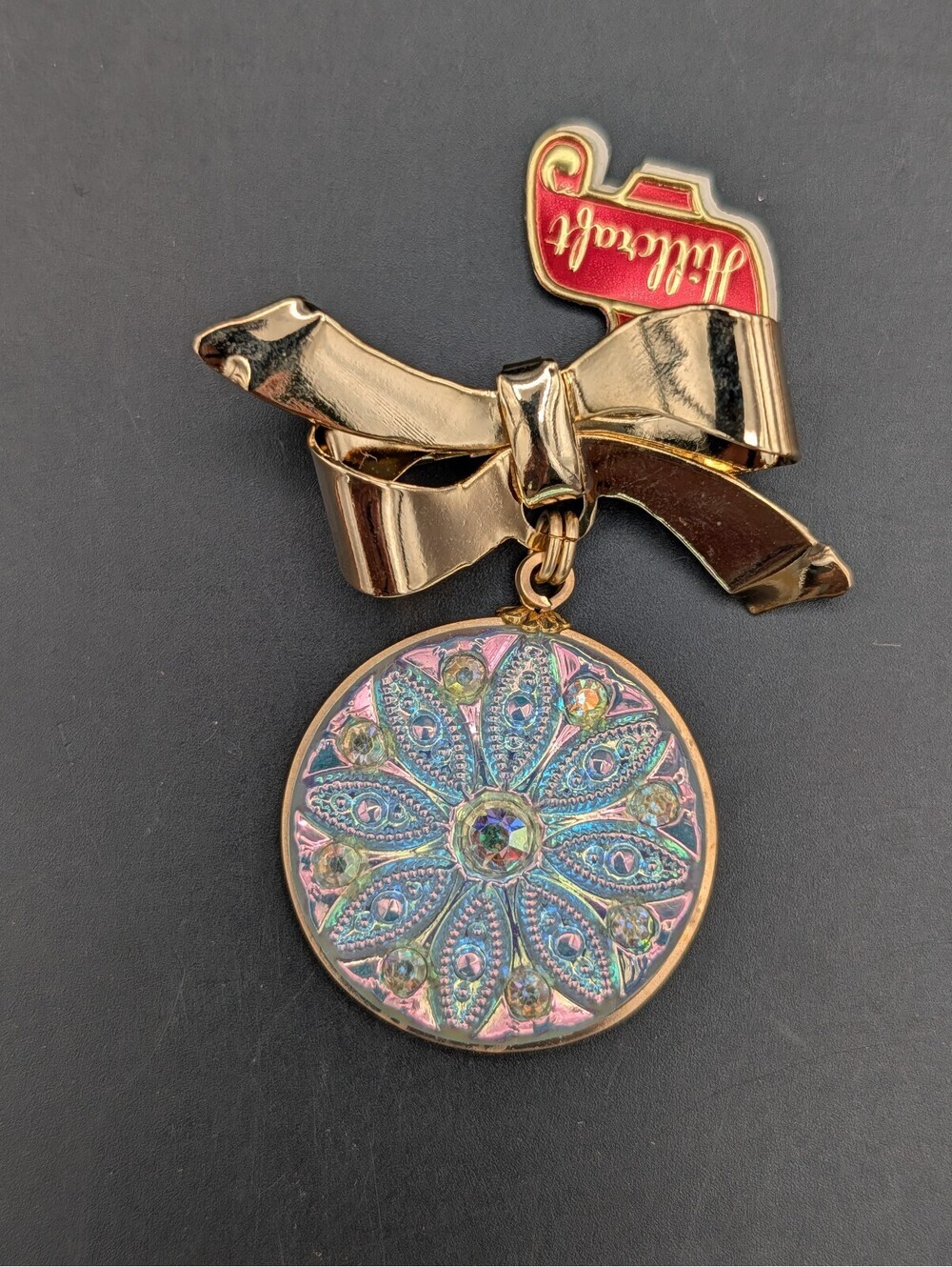 Vintage Hillcraft Hand Made Bow Brooch Iridescent Glass Medallion AB Rhinestones